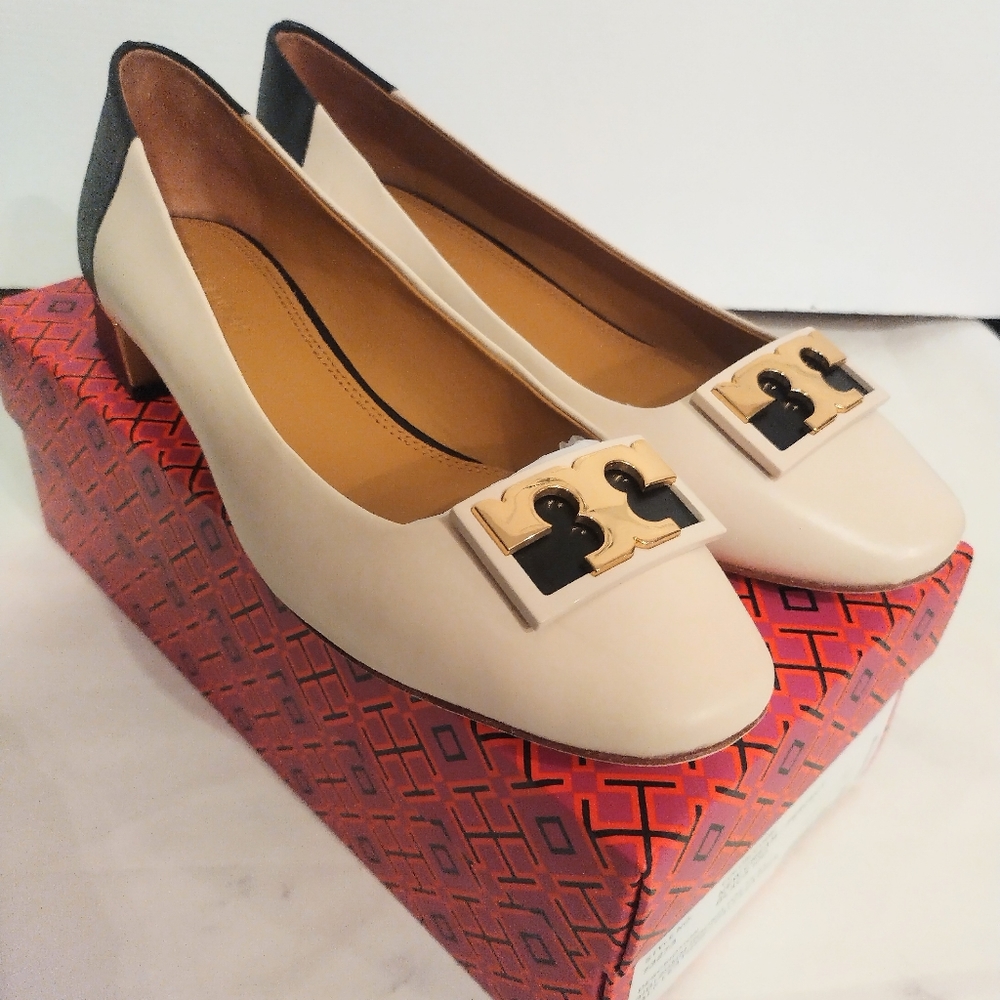 Tory Burch brand new in box GiGi 20mm cream black leather pumps sz 9.5